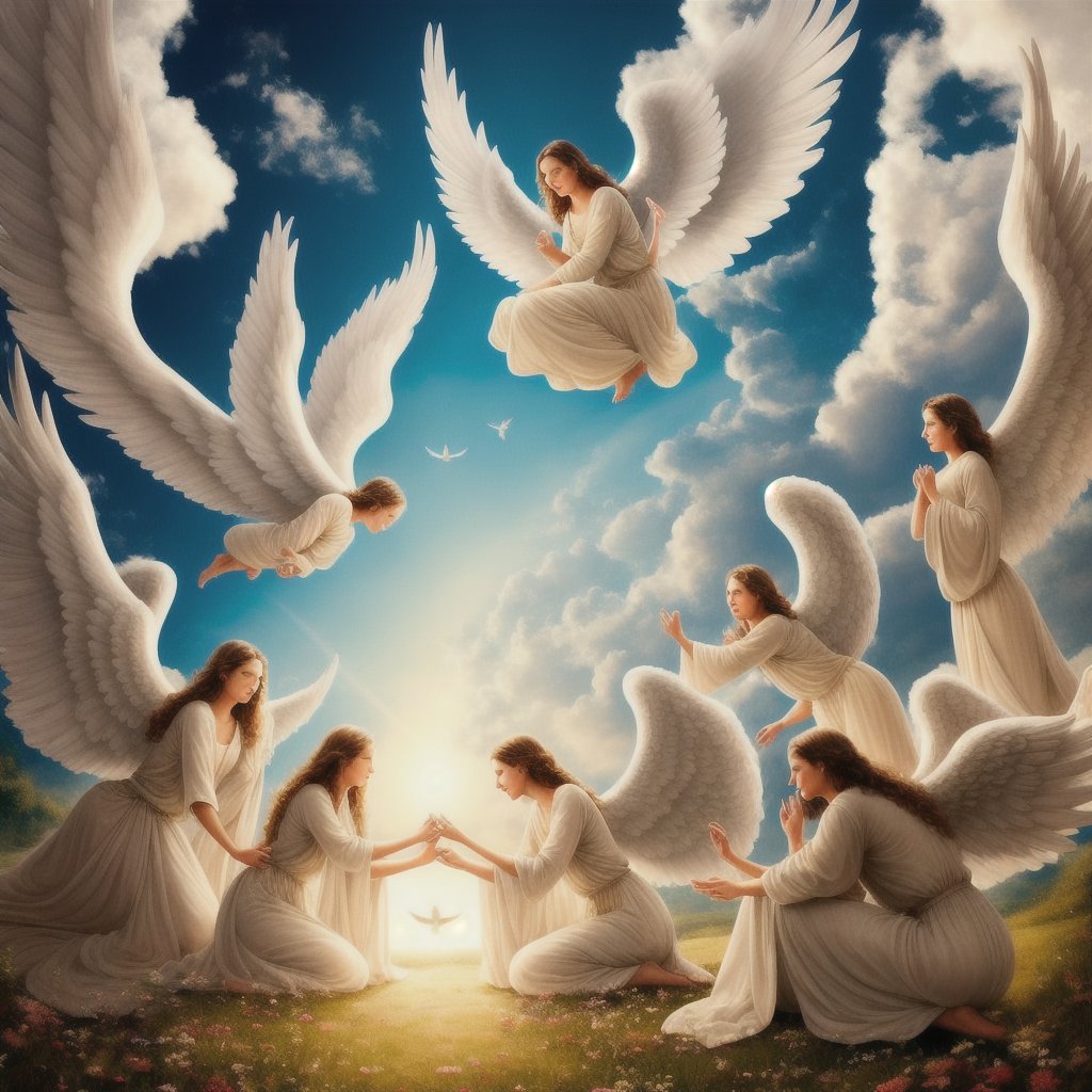 Photorealistic  scene of heaven on earth with angels  and peaceful loving souls