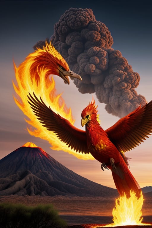 photo realistic phoenix the firebird coming out of volcano 