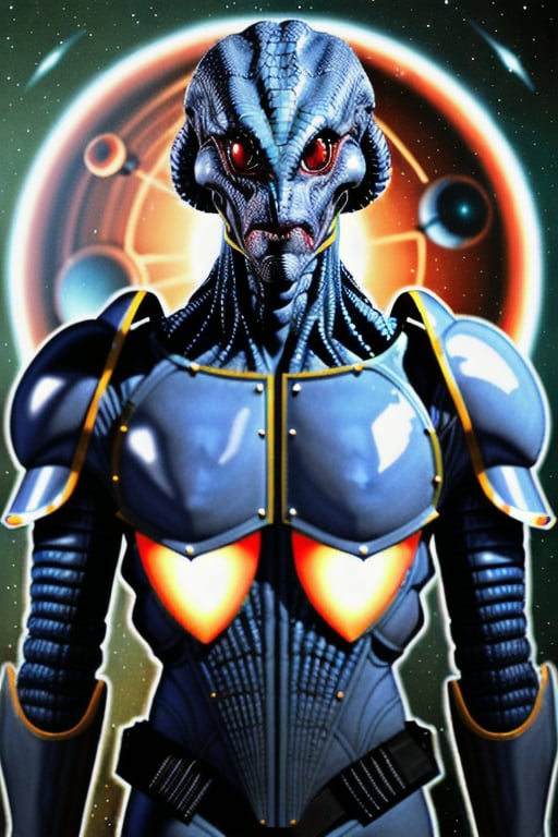 reptilian alien wearing scifi body armor