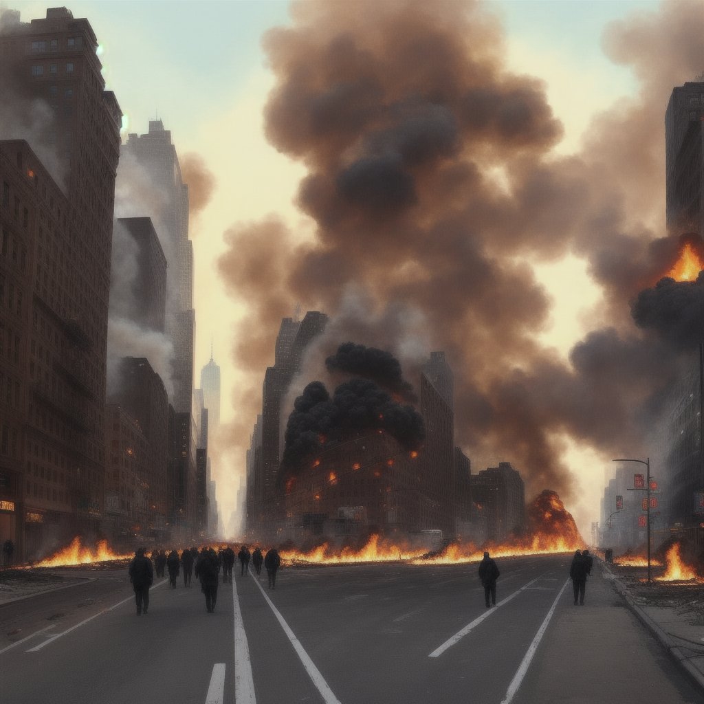 a future post nuclear apocalypse  New York City street view with all the buildings on fire burning bodies laying in the street and on the sidewalks  everyone is dead