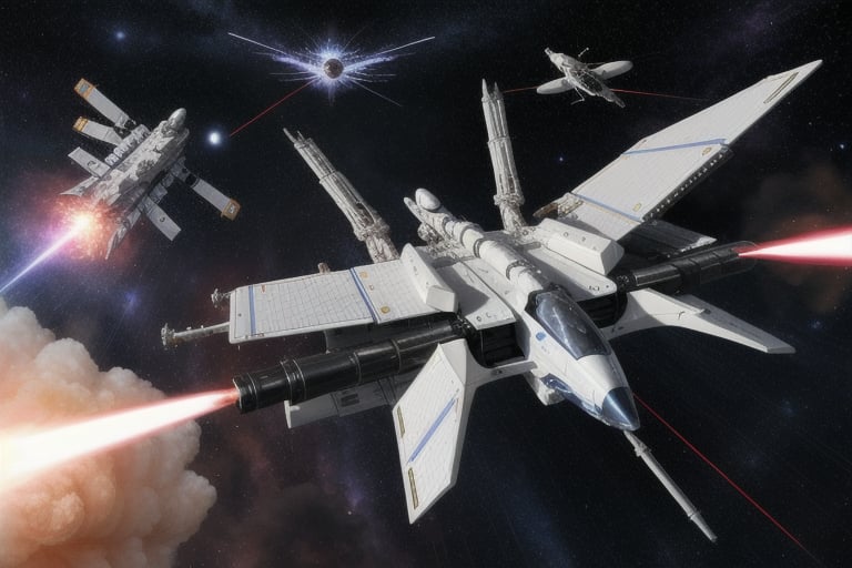 multiple futuristic spacecraft in futuristic space battle with each other firing laser weapons and energy weapons 