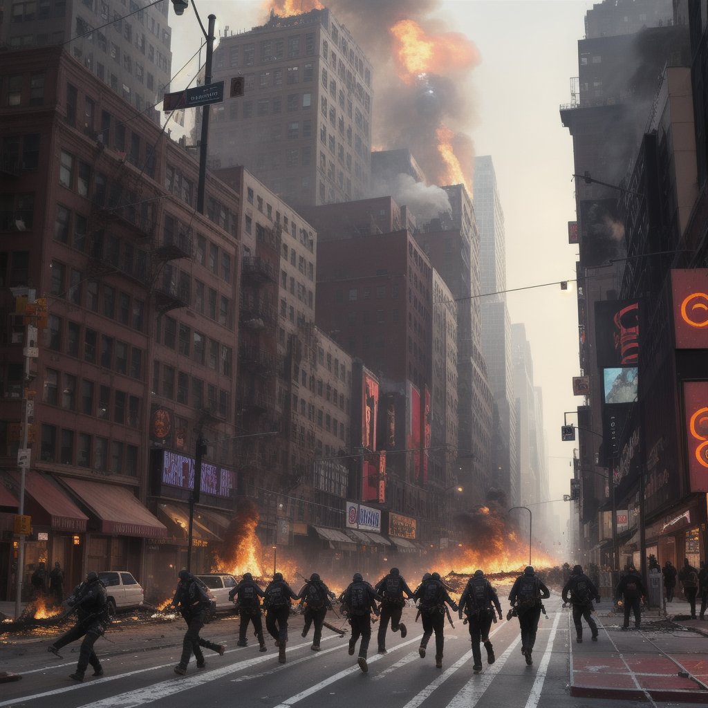 a future post apocalyptic  New York City street view with the gangs running around killing and steeling dead bodies laying in the streets some dead bodies hanging from street light poles  with buildings on fire 