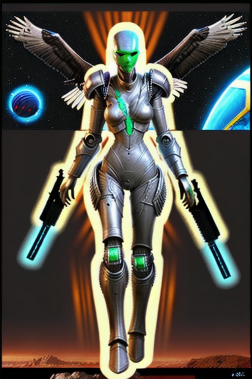 eagle like hot female alien wearing scifi battle armor carrying scifi weapons