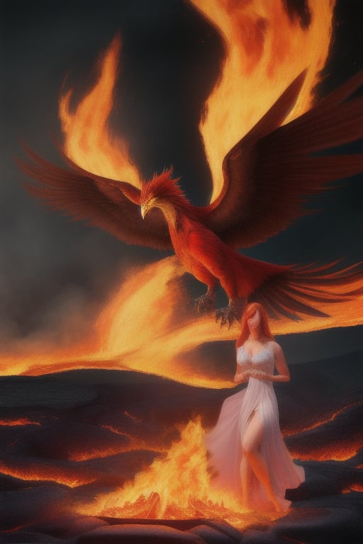 photo realistic phoenix firebird coming out of fire and lava with a hot girl in front 