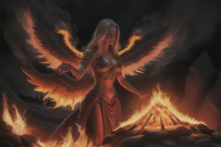 photo realistic a hot female sorceress casting a spell with her hands having a firey glow while standing in fire in front of a phoenix firebird coming out of fire and lava