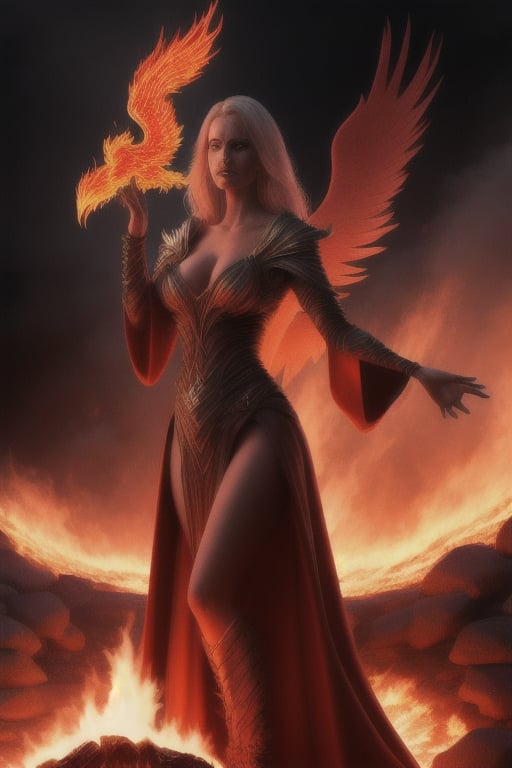 photo realistic a hot female sorceress casting a spell with her hands having a firey glow while standing in fire in front of a phoenix firebird coming out of fire and lava