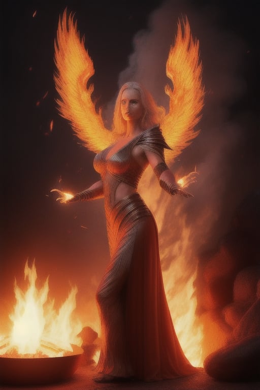 photo realistic a hot female sorceress casting a spell with her hands having a firey glow while standing in fire in front of a phoenix firebird coming out of fire and lava