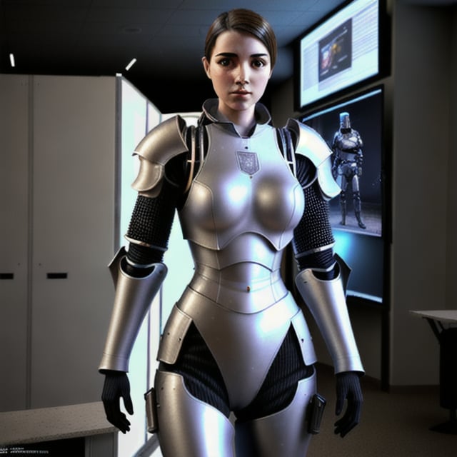 photorealistic hot human female standing in a sci-fi body armor 