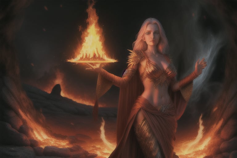 photo realistic a hot female sorceress casting a spell with her hands having a firey glow while standing in fire in front of a phoenix firebird coming out of fire and lava