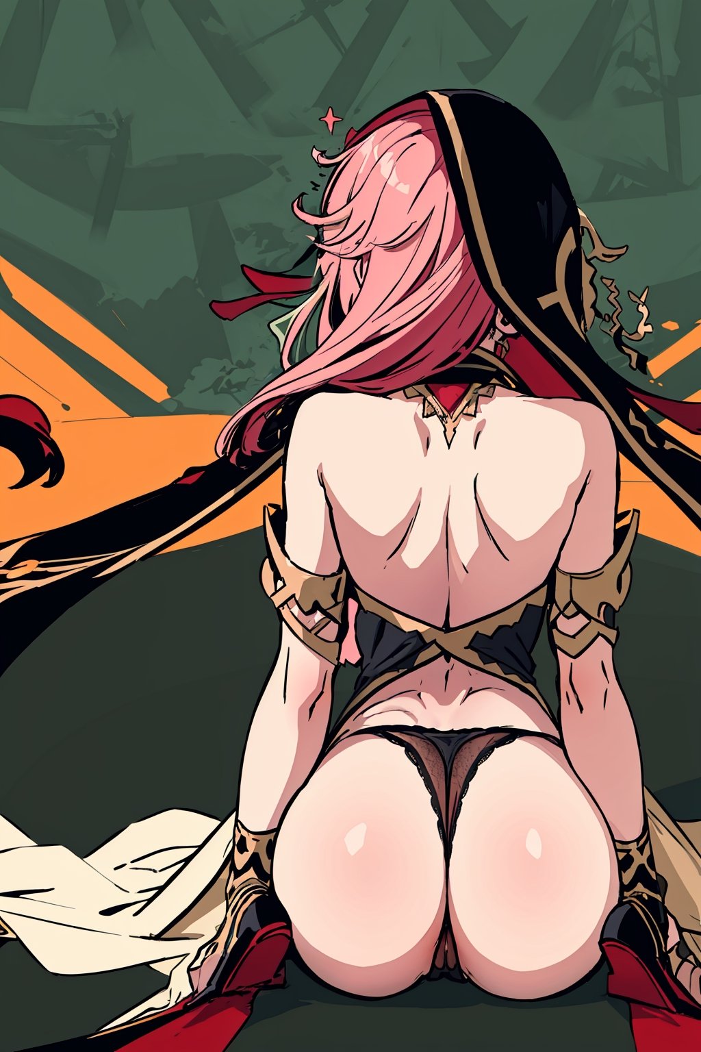 full body,high quality , masterpiece, flat color, green ornate, lineart,Babel, 1girl, solo, long hair, large breasts, bare shoulders, pink hair, wearing Halter Neck High Slit Long Gown Dress Fashion, overall dark green theme, blindfold, sexy, revealing , nsfw, desert background, hood,pantyhose, panties, lingerie , from_behind, back  ,viewed_from_behind, ass