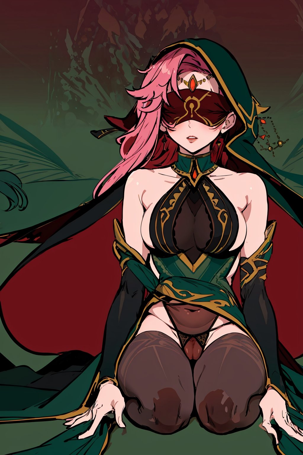 full body,high quality , masterpiece, flat color, green ornate, lineart,Babel, 1girl, solo, long hair, large breasts, bare shoulders, pink hair, wearing Halter Neck High Slit Long Gown Dress Fashion, overall dark green theme, blindfold, sexy, revealing , nsfw, desert background, hood,pantyhose, panties, lingerie , from_behind