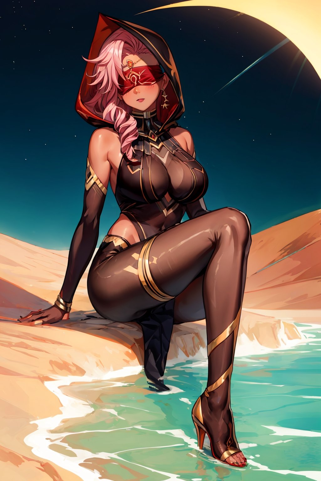 Babel, 1girl, solo, long hair, large breasts, bare shoulders, pink hair,  blindfold,desert sands,1 woman solo, busty figure, desert background, dark-skinned_female, earrings hair_between_eyes jewelry blindfolded, night time, hood, high quality, best quality, 1girl, masterpiece, dark skin, full body, lying, near water , legs_open,pantyhose, high heels boots