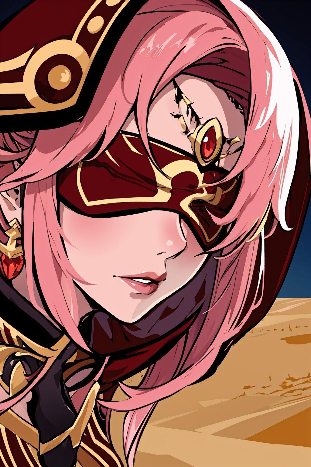 Babel, 1girl, solo, long hair, large breasts, bare shoulders, pink hair, blindfold,desert sands,1 woman solo, busty figure, desert background, earrings hair_between_eyes jewelry blindfolded, night time, hood, high quality, best quality, 1girl, masterpiece,  near water ,face focus , zoom, upclose , up close,close up, face focus,pantyhose, high heels boots,GEM,  masterpiece, best quality, 1girl, flowers, flat color, lineart, abstract, ornate,red theme, face focus,detailed face