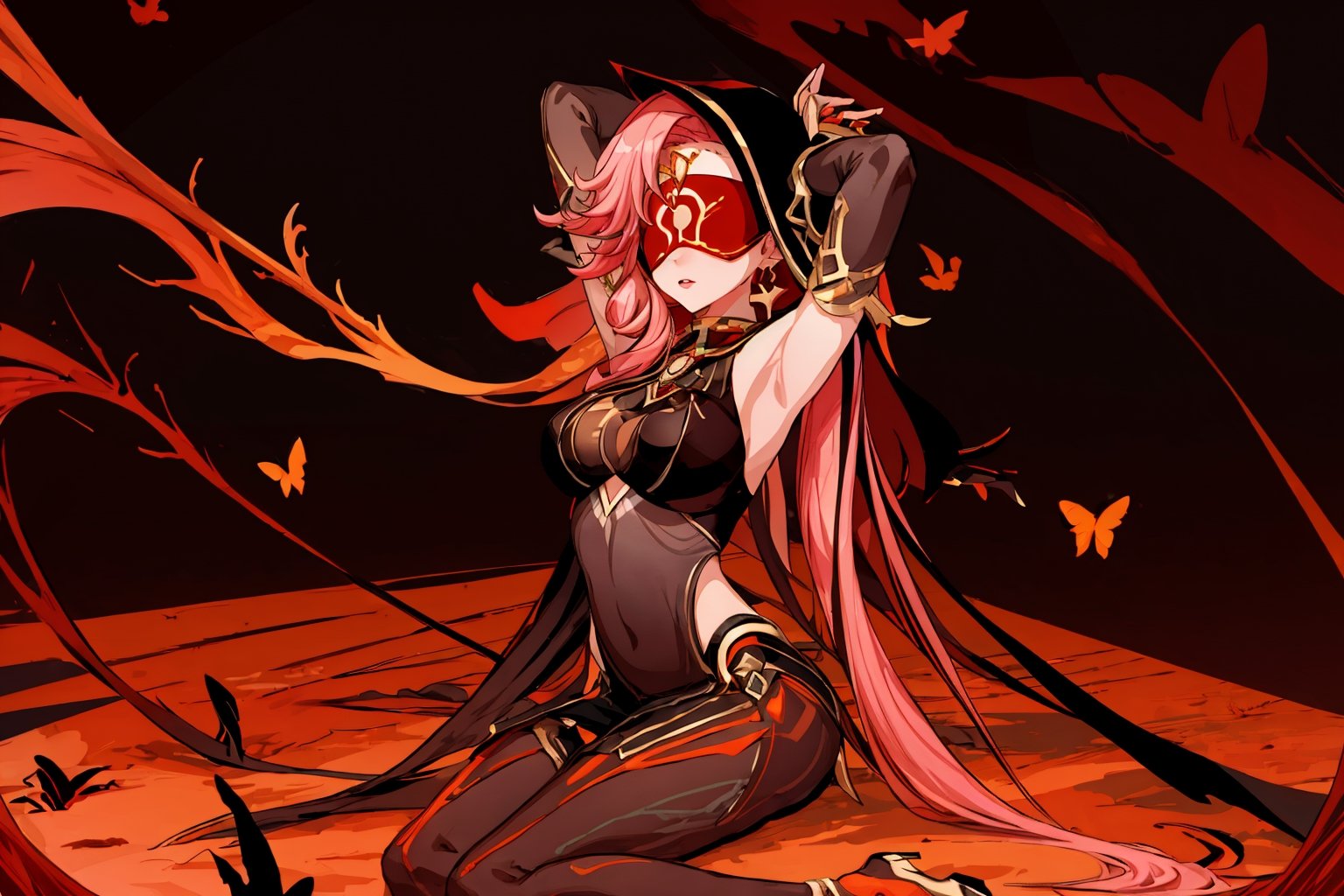 full_body ,high quality , masterpiece, flat color, orange ornate, lineart, Babel, 1girl, solo, long hair, large breasts, bare shoulders, pink hair, blindfold,desert sands,1 woman solo, busty figure, desert background, earrings hair_between_eyes jewelry blindfolded, night time, hood, high quality, best quality, 1girl, masterpiece,  ,pantyhose, high heels boots,GEM, detailed face,red theme, sitting,arms_above_head