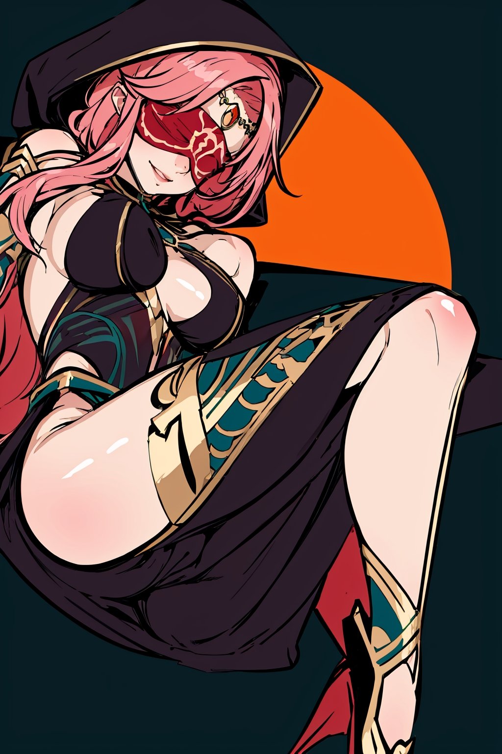 full body,high quality , masterpiece, flat color, ornate, lineart,Babel, 1girl, solo, long hair, large breasts, bare shoulders, pink hair, wearing Halter Neck High Slit Long Gown Dress Fashion, overall dark green theme, blindfold, sexy, revealing , nsfw, 