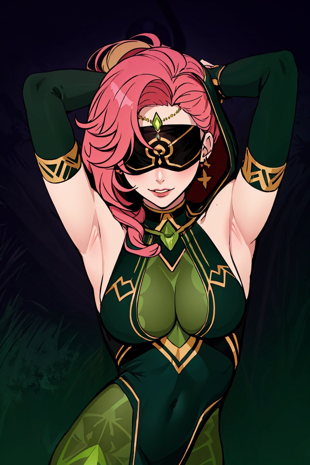  upper body,high quality , masterpiece, flat color, ornate, lineart,Babel, 1girl, solo, long hair, large breasts, bare shoulders, pink hair, dark green blindfold,desert sands,1 woman solo, busty figure, desert background, earrings hair_between_eyes jewelry blindfolded, night time, hood, high quality, best quality, 1girl, masterpiece, legs_open,pantyhose, high heels boots, green GEM, detailed face, dark green dress ,dark green theme, arms_above_head, showing_armpits,sexy, dark green blindfold,overall  dark green theme, green colored blindfold, blindfold in green color