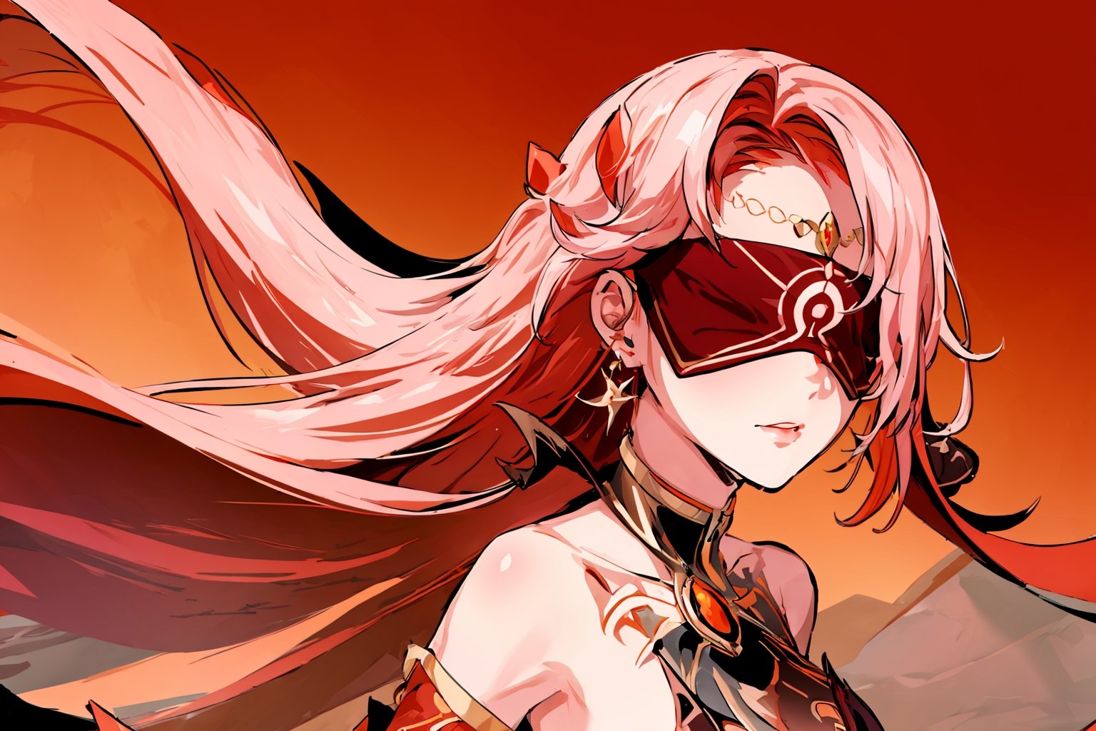 high quality , masterpiece, flat color, orange ornate, lineart, Babel, 1girl, solo, long hair, large breasts, bare shoulders, pink hair, blindfold,desert sands,1 woman solo, busty figure, desert background, earrings hair_between_eyes jewelry blindfolded, night time, hood, high quality, best quality, 1girl, masterpiece,  ,pantyhose, high heels boots,GEM, detailed face,red theme,  face focus