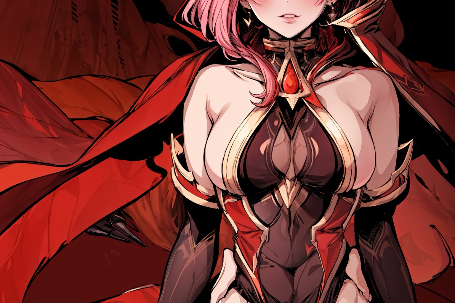 full_body ,high quality , masterpiece, flat color, orange ornate, lineart, Babel, 1girl, solo, long hair, large breasts, bare shoulders, pink hair, blindfold,desert sands,1 woman solo, busty figure, desert background, earrings hair_between_eyes jewelry blindfolded, night time, hood, high quality, best quality, 1girl, masterpiece,  ,pantyhose, high heels boots,GEM, detailed face,red theme, sitting