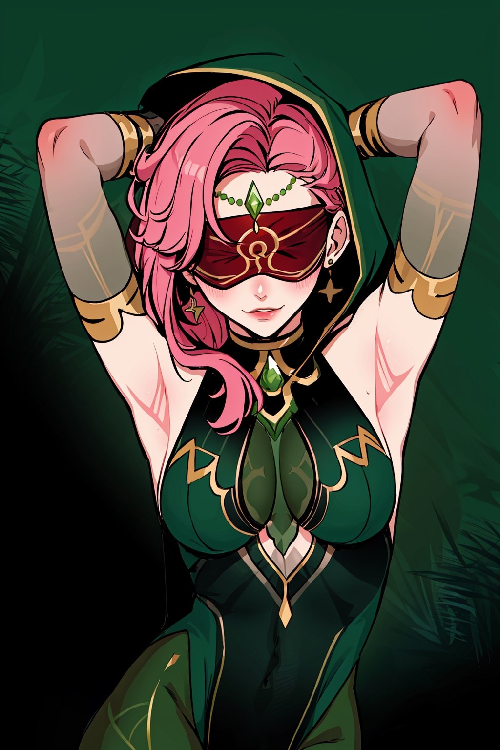  upper body,high quality , masterpiece, flat color, ornate, lineart,Babel, 1girl, solo, long hair, large breasts, bare shoulders, pink hair, dark green blindfold,desert sands,1 woman solo, busty figure, desert background, earrings hair_between_eyes jewelry blindfolded, night time, hood, high quality, best quality, 1girl, masterpiece, legs_open,pantyhose, high heels boots, green GEM, detailed face, dark green dress ,dark green theme, arms_above_head, showing_armpits,sexy, dark green blindfold,overall  dark green theme, green colored blindfold, blindfold in green color