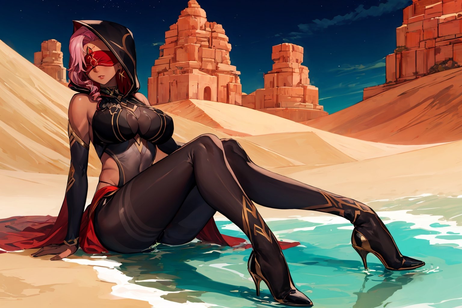 Babel, 1girl, solo, long hair, large breasts, bare shoulders, pink hair,  blindfold,desert sands,1 woman solo, busty figure, desert background, dark-skinned_female, earrings hair_between_eyes jewelry blindfolded, night time, hood, high quality, best quality, 1girl, masterpiece, dark skin, full body, lying, near water , legs_open,pantyhose, high heels boots