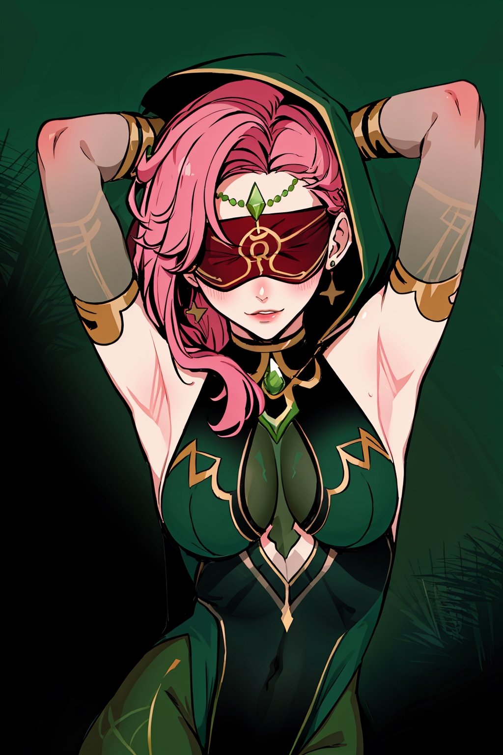  upper body,high quality , masterpiece, flat color, ornate, lineart,Babel, 1girl, solo, long hair, large breasts, bare shoulders, pink hair, dark green blindfold,desert sands,1 woman solo, busty figure, desert background, earrings hair_between_eyes jewelry blindfolded, night time, hood, high quality, best quality, 1girl, masterpiece, legs_open,pantyhose, high heels boots, green GEM, detailed face, dark green dress ,dark green theme, arms_above_head, showing_armpits,sexy, dark green blindfold,overall  dark green theme, green colored blindfold, blindfold in green color