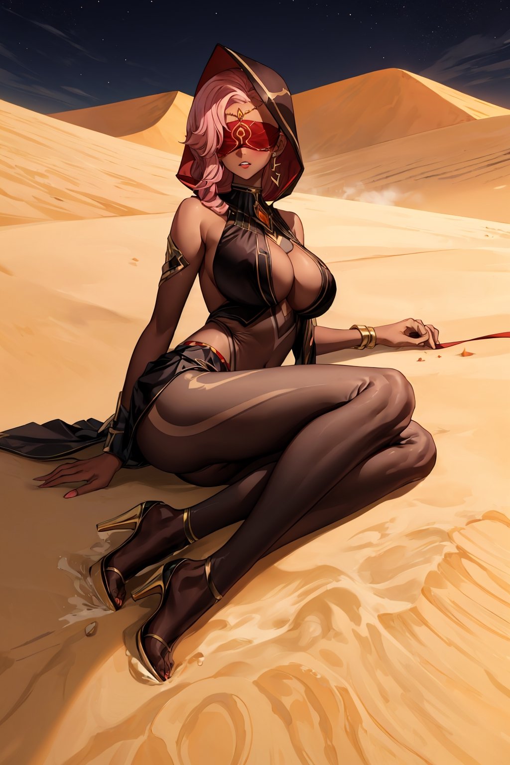 Babel, 1girl, solo, long hair, large breasts, bare shoulders, pink hair,  blindfold,desert sands,1 woman solo, busty figure, desert background, dark-skinned_female, earrings hair_between_eyes jewelry blindfolded, night time, hood, high quality, best quality, 1girl, masterpiece, dark skin, full body, lying, near water , legs_open,pantyhose, high heels boots