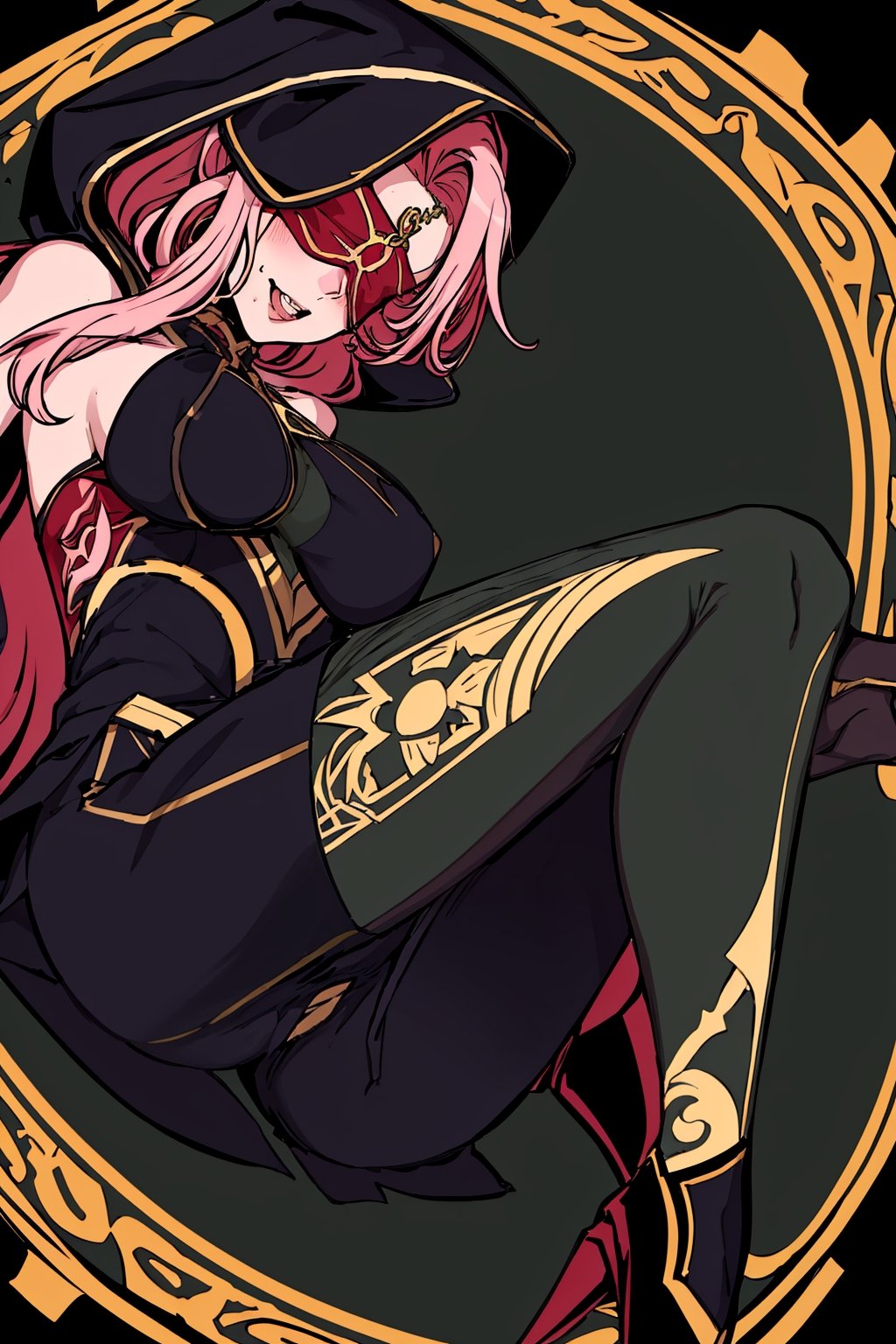 full body,high quality , masterpiece, flat color, ornate, lineart,Babel, 1girl, solo, long hair, large breasts, bare shoulders, pink hair, wearing Halter Neck High Slit Long Gown Dress Fashion, overall dark green theme, blindfold, sexy, revealing , nsfw, 