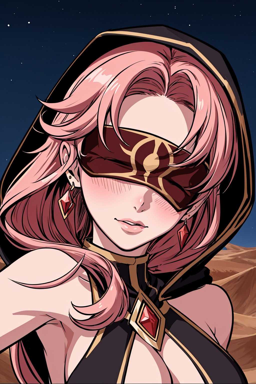 Babel, 1girl, solo, long hair, large breasts, bare shoulders, pink hair, blindfold,desert sands,1 woman solo, busty figure, desert background, earrings hair_between_eyes jewelry blindfolded, night time, hood, high quality, best quality, 1girl, masterpiece,  near water ,face focus , zoom, upclose , up close,close up, face focus,pantyhose, high heels boots,GEM,  masterpiece, best quality, 1girl, flowers, flat color, lineart, abstract, ornate,red theme, face focus,detailed face