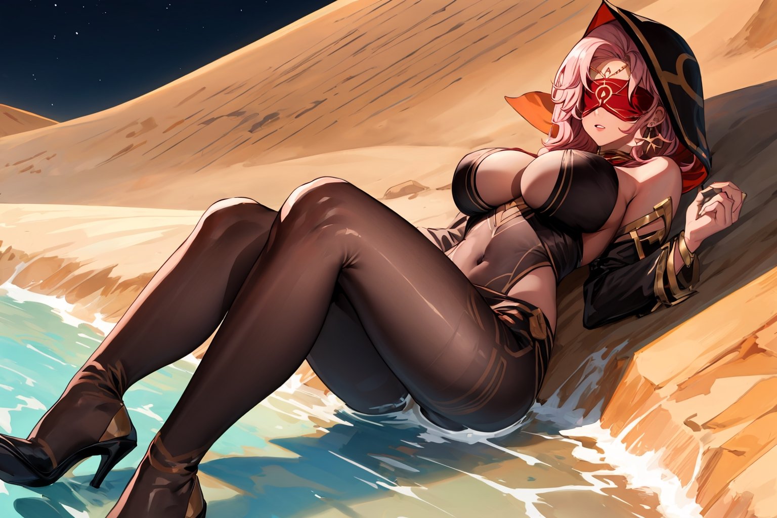 Babel, 1girl, solo, long hair, large breasts, bare shoulders, pink hair,  blindfold,desert sands,1 woman solo, busty figure, desert background, dark-skinned_female, earrings hair_between_eyes jewelry blindfolded, night time, hood, high quality, best quality, 1girl, masterpiece, dark skin, full body, lying, near water , legs_open,pantyhose, high heels boots