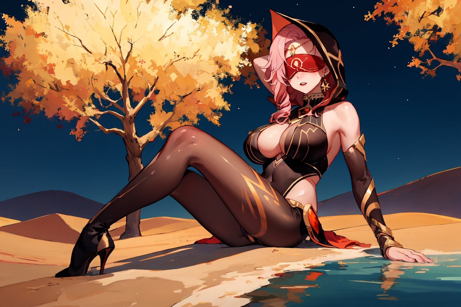 Babel, 1girl, solo, long hair, large breasts, bare shoulders, pink hair,  blindfold,desert sands,1 woman solo, busty figure, desert background, dark-skinned_female, earrings hair_between_eyes jewelry blindfolded, night time, hood, high quality, best quality, 1girl, masterpiece, dark skin, full body, lying, near water , legs_open,pantyhose, high heels boots,GEM