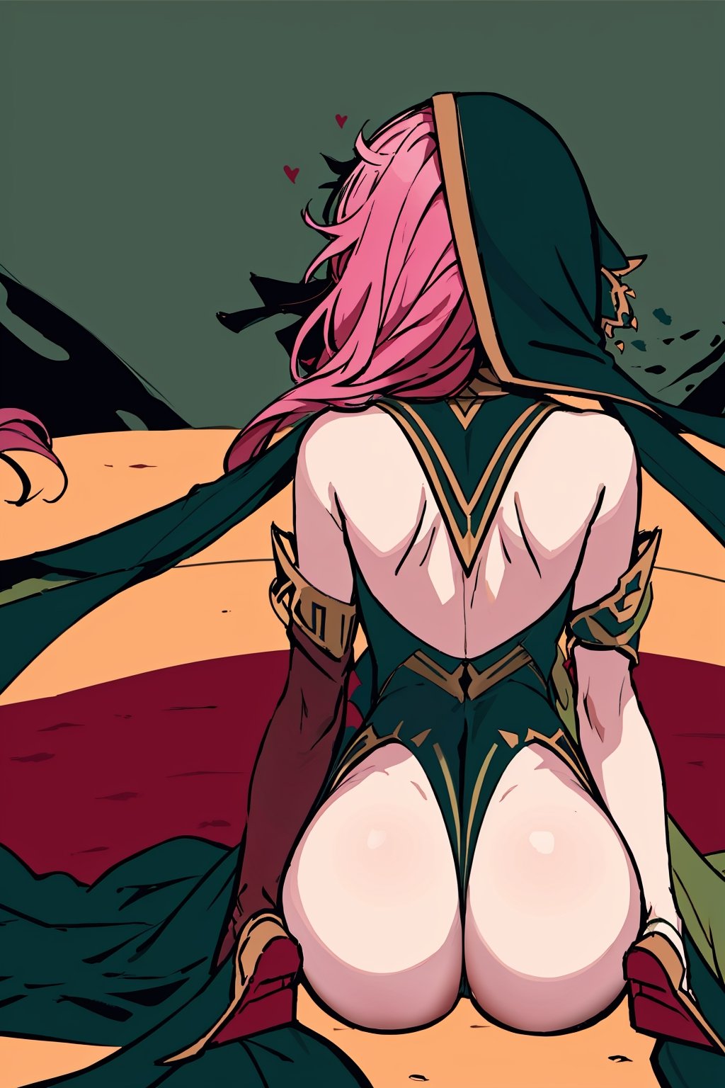 full body,high quality , masterpiece, flat color, green ornate, lineart,Babel, 1girl, solo, long hair, bare shoulders, pink hair, wearing Halter Neck High Slit Long Gown Dress Fashion, overall dark green theme,  sexy, revealing , nsfw, desert background, hood,pantyhose , from_behind, back  ,viewed_from_behind, sitting