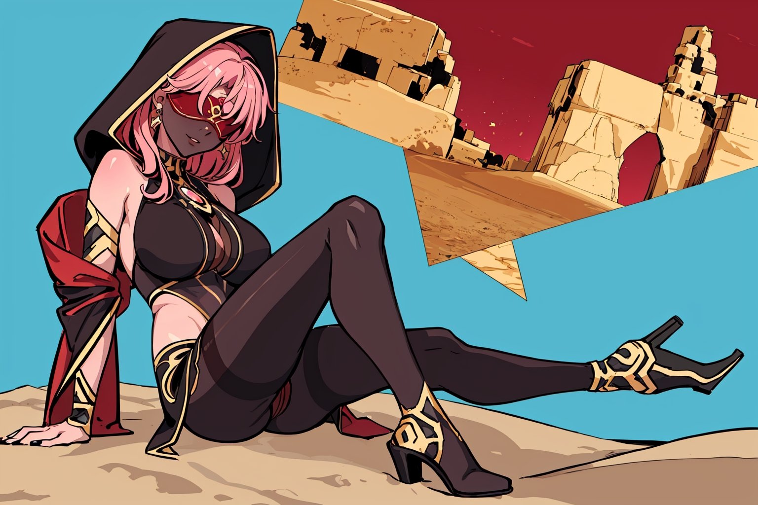 Babel, 1girl, solo, long hair, large breasts, bare shoulders, pink hair,  blindfold,desert sands,1 woman solo, busty figure, desert background, dark-skinned_female, earrings hair_between_eyes jewelry blindfolded, night time, hood, high quality, best quality, 1girl, masterpiece, dark skin, full body, lying ,  legs_open,pantyhose, high heels boots,GEM, detailed face, ass, masterpiece, best quality, 1girl, flowers, flat color, lineart, abstract, ornate, blue theme, face focus