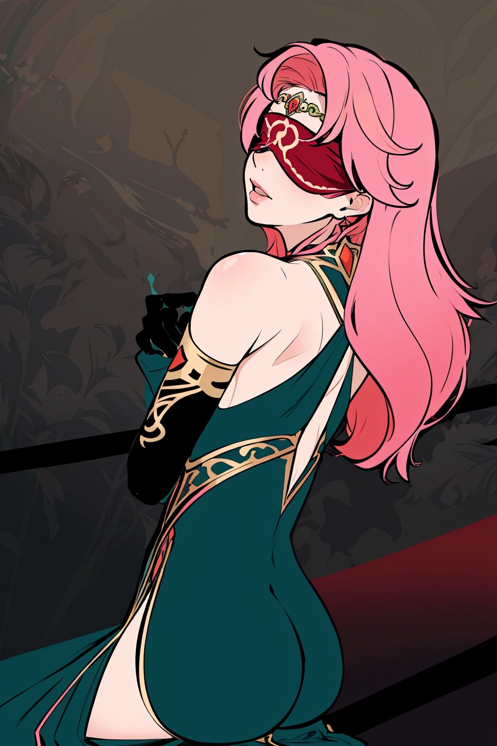 full body,high quality , masterpiece, flat color, ornate, lineart,Babel, 1girl, solo, long hair, large breasts, bare shoulders, pink hair, wearing Halter Neck High Slit Long Gown Dress Fashion, overall prussian green theme, blindfold, sexy, revealing , nsfw, viewed_from_behind