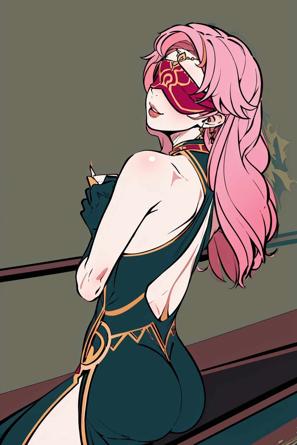 full body,high quality , masterpiece, flat color, ornate, lineart,Babel, 1girl, solo, long hair, large breasts, bare shoulders, pink hair, wearing Halter Neck High Slit Long Gown Dress Fashion, overall prussian green theme, blindfold, sexy, revealing , nsfw, viewed_from_behind