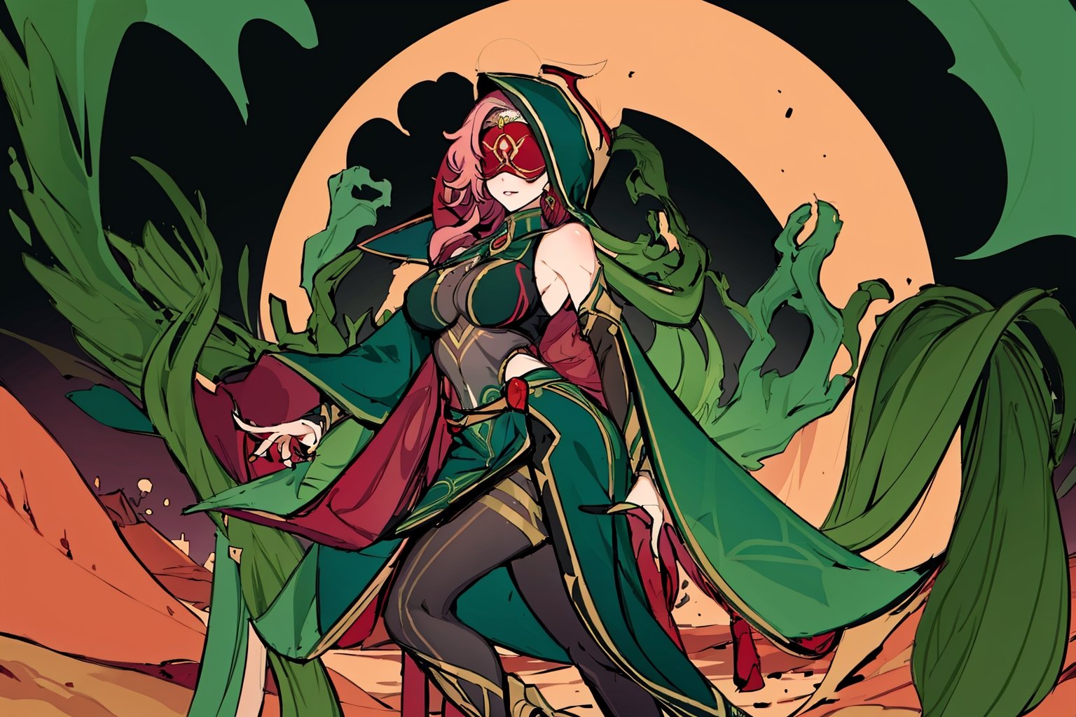 full body,high quality , masterpiece, flat color, green ornate, lineart, Babel, 1girl, solo, long hair, large breasts, bare shoulders, pink hair, blindfold,desert sands,1 woman solo, busty figure, desert background, earrings hair_between_eyes jewelry blindfolded, night time, hood, high quality, best quality, 1girl, masterpiece, standing ,pantyhose, high heels boots,GEM, detailed face,green theme