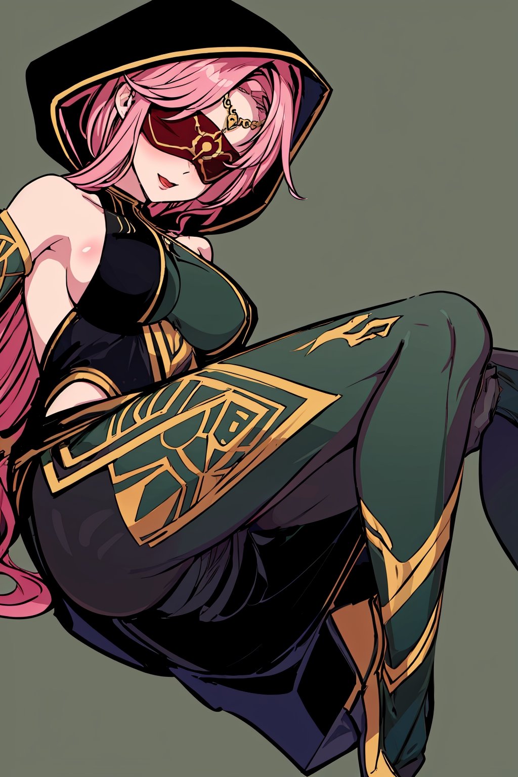 full body,high quality , masterpiece, flat color, ornate, lineart,Babel, 1girl, solo, long hair, large breasts, bare shoulders, pink hair, wearing Halter Neck High Slit Long Gown Dress Fashion, overall dark green theme, blindfold, sexy, revealing , nsfw, desert background, hood,pantyhose