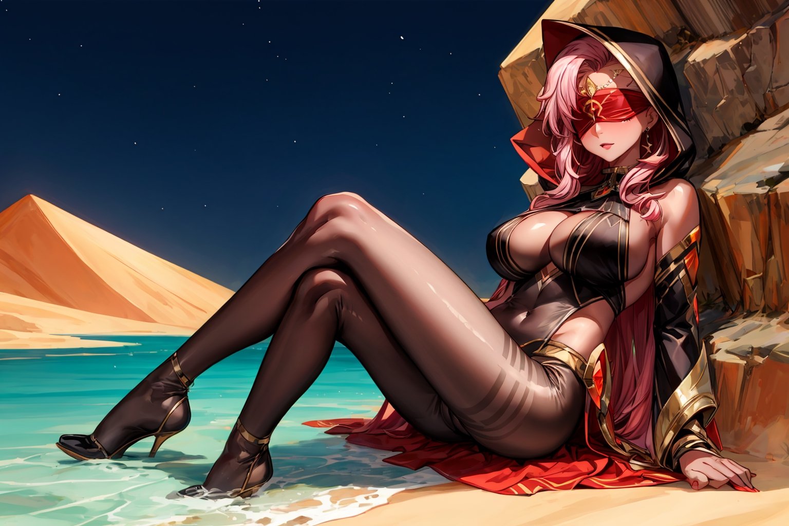 Babel, 1girl, solo, long hair, large breasts, bare shoulders, pink hair,  blindfold,desert sands,1 woman solo, busty figure, desert background, dark-skinned_female, earrings hair_between_eyes jewelry blindfolded, night time, hood, high quality, best quality, 1girl, masterpiece, dark skin, full body, lying, near water , legs_open,pantyhose, high heels boots,GEM, detailed face