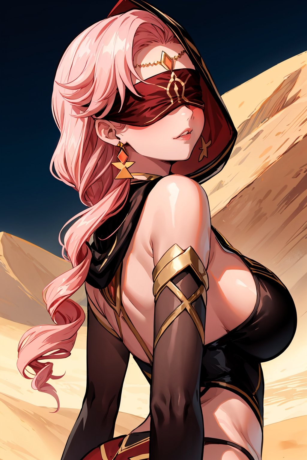 Babel, 1girl, solo, long hair, large breasts, bare shoulders, pink hair, pantyhose, detached sleeves, on back, black pantyhose, blindfold,desert sands,1 woman solo, busty figure, desert background, dark-skinned_female earrings hair_between_eyes jewelry blindfolded, night time, hood, high quality, best quality, 1girl, masterpiece, dark skin,from behind view, from back, upper body,