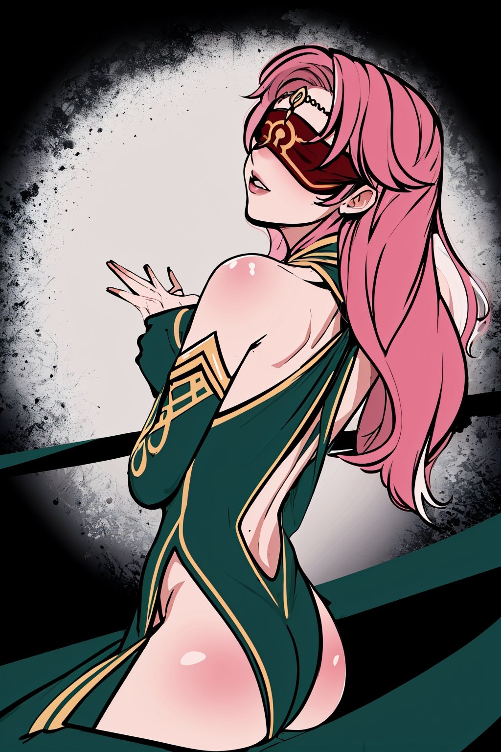 full body,high quality , masterpiece, flat color, ornate, lineart,Babel, 1girl, solo, long hair, large breasts, bare shoulders, pink hair, wearing Halter Neck High Slit Long Gown Dress Fashion, overall dark green theme, blindfold, sexy, revealing , nsfw, viewed_from_behind