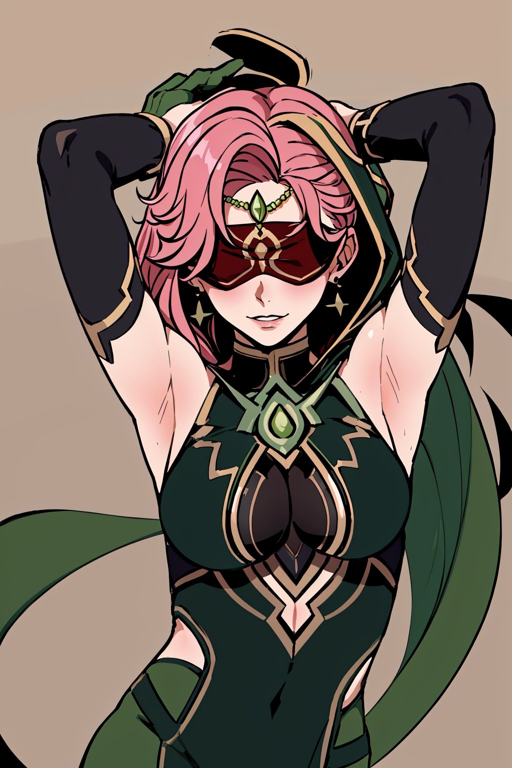  upper body,high quality , masterpiece, flat color, ornate, lineart,Babel, 1girl, solo, long hair, large breasts, bare shoulders, pink hair, dark green blindfold,desert sands,1 woman solo, busty figure, desert background, earrings hair_between_eyes jewelry blindfolded, night time, hood, high quality, best quality, 1girl, masterpiece, legs_open,pantyhose, high heels boots, green GEM, detailed face, dark green dress ,dark green theme, arms_above_head, showing_armpits,sexy, dark green blindfold,overall  dark green theme, green colored blindfold, blindfold in green color