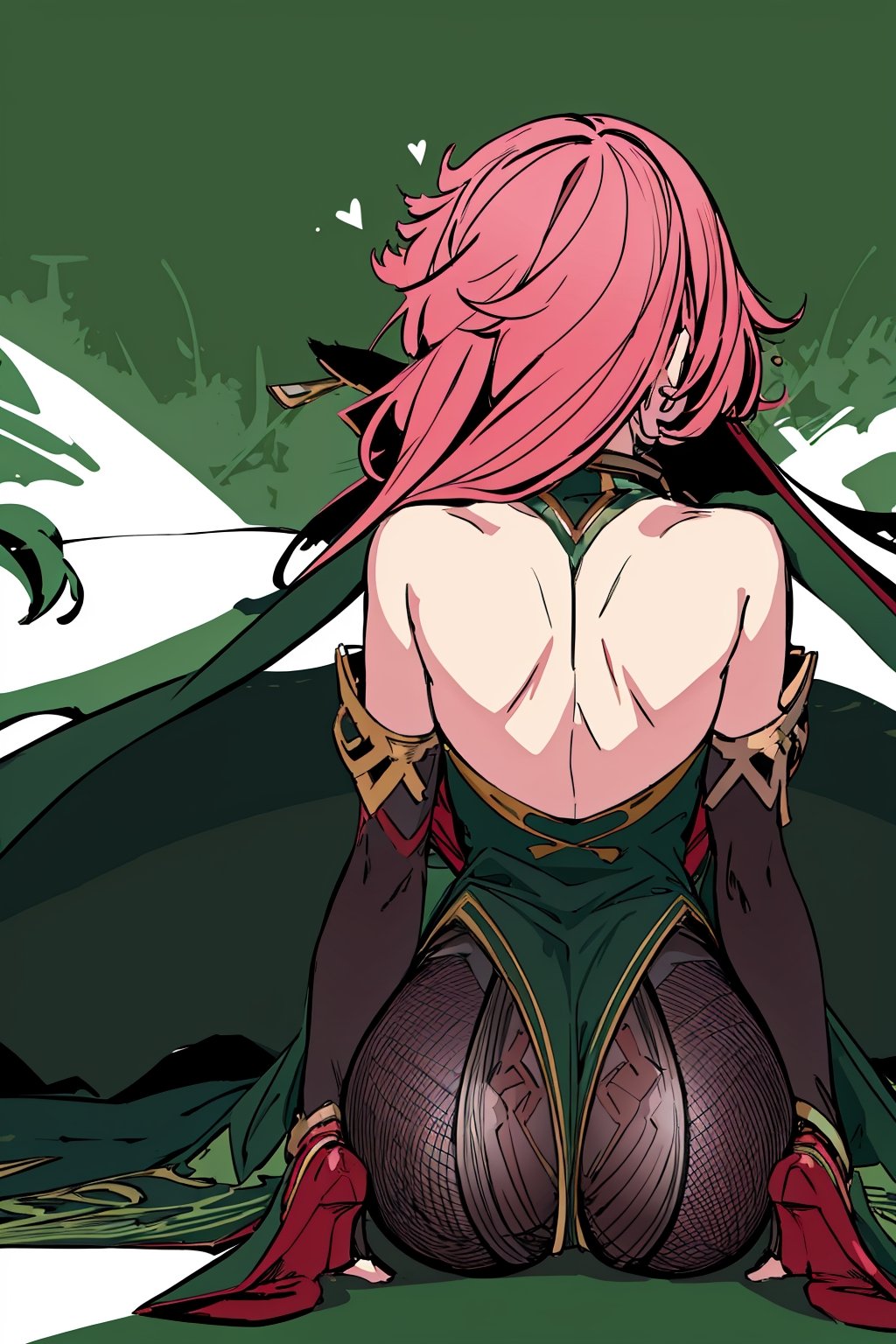 full body,high quality , masterpiece, flat color, green ornate, lineart,Babel, 1girl, solo, long hair, bare shoulders, pink hair, wearing Halter Neck High Slit Long Gown Dress Fashion, overall dark green theme,  sexy, revealing , nsfw, desert background, hood,pantyhose , from_behind, back  ,viewed_from_behind, sitting, fishnets