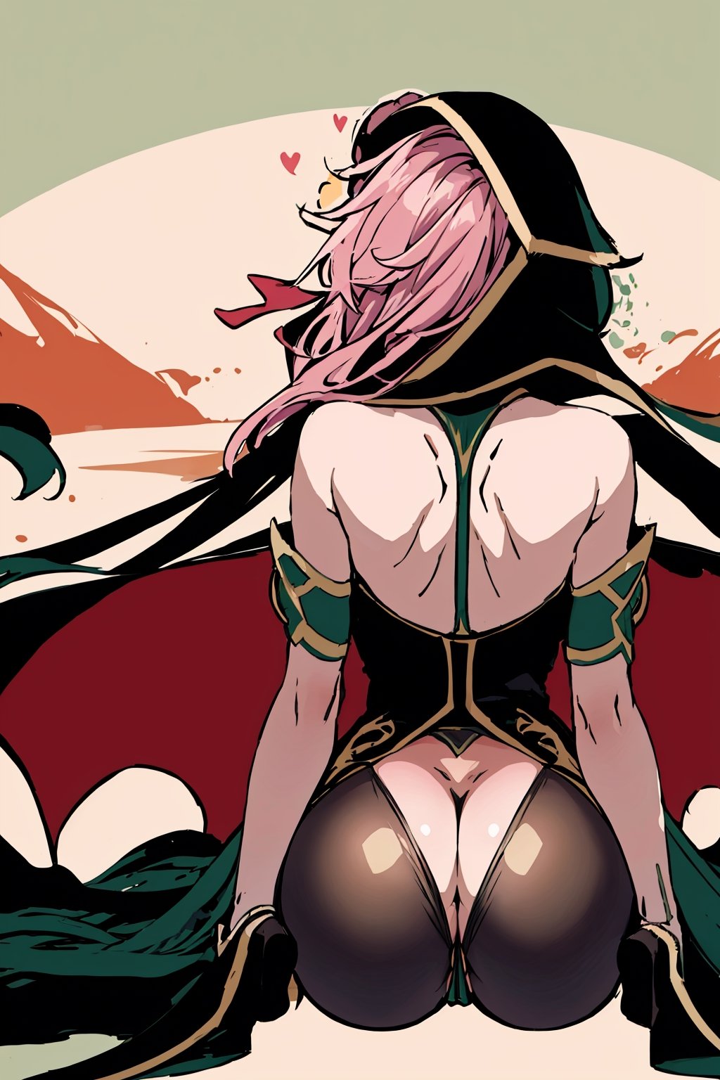 full body,high quality , masterpiece, flat color, green ornate, lineart,Babel, 1girl, solo, long hair, large breasts, bare shoulders, pink hair, wearing Halter Neck High Slit Long Gown Dress Fashion, overall dark green theme, blindfold, sexy, revealing , nsfw, desert background, hood,pantyhose, panties, lingerie , from_behind, back  ,viewed_from_behind, ass, sitting