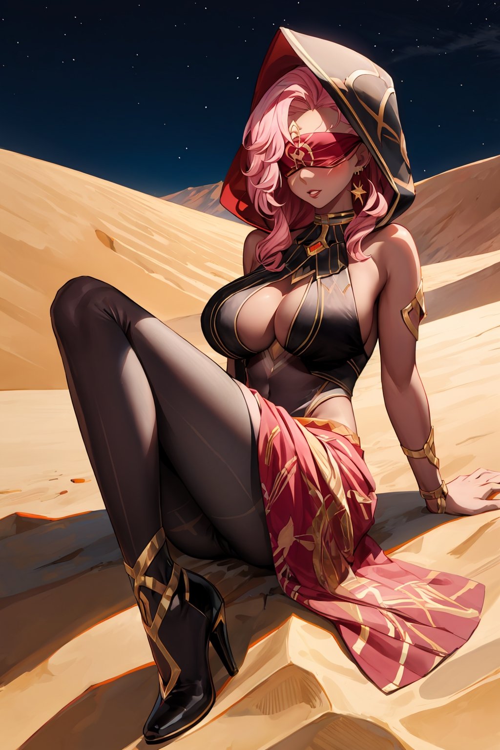 Babel, 1girl, solo, long hair, large breasts, bare shoulders, pink hair,  blindfold,desert sands,1 woman solo, busty figure, desert background, dark-skinned_female, earrings hair_between_eyes jewelry blindfolded, night time, hood, high quality, best quality, 1girl, masterpiece, dark skin, full body, lying, near water , legs_open,pantyhose, high heels boots