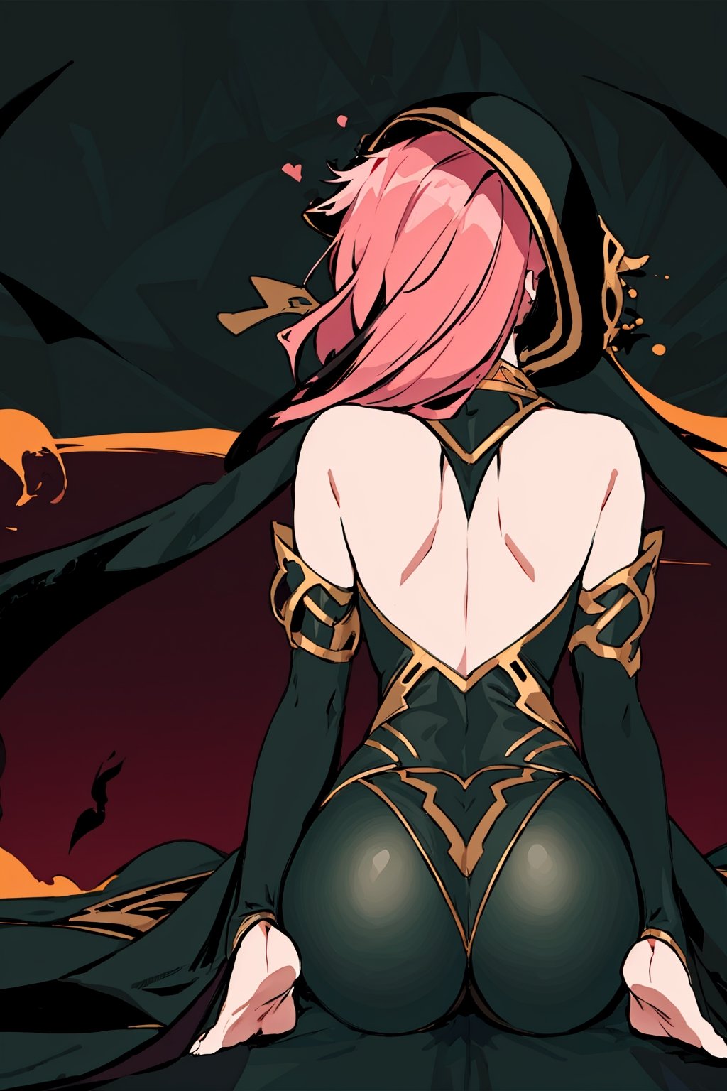 full body,high quality , masterpiece, flat color, green ornate, lineart,Babel, 1girl, solo, long hair, bare shoulders, pink hair, wearing Halter Neck High Slit Long Gown Dress Fashion, overall dark green theme,  sexy, revealing , nsfw, desert background, hood,pantyhose , from_behind, back  ,viewed_from_behind, sitting, fishnets