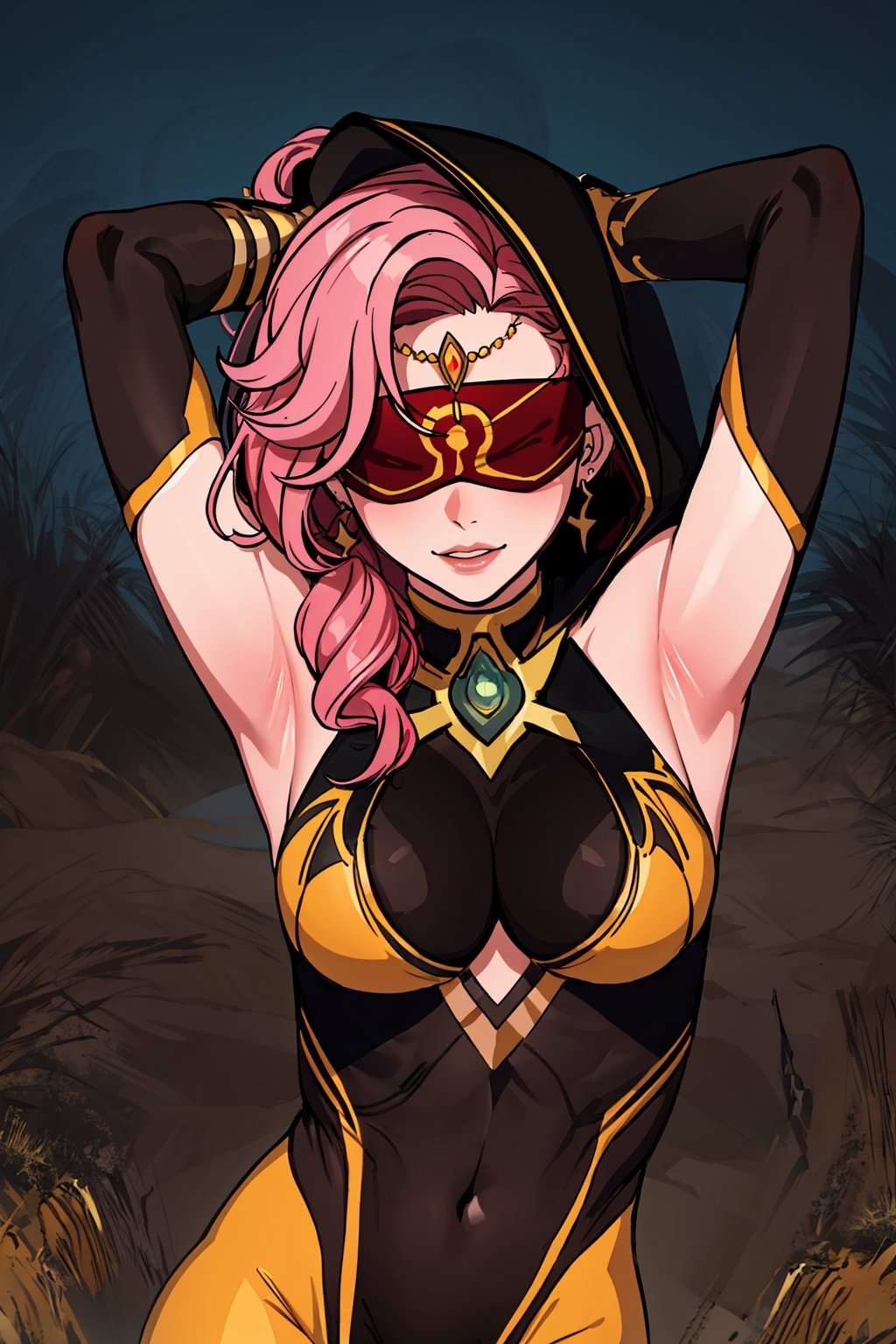  upper body,high quality , masterpiece, flat color, ornate, lineart,Babel, 1girl, solo, long hair, large breasts, bare shoulders, pink hair, blindfold,desert sands,1 woman solo, busty figure, desert background, earrings hair_between_eyes jewelry blindfolded, night time, hood, high quality, best quality, 1girl, masterpiece, legs_open,pantyhose, high heels boots,GEM, detailed face, yellow dress ,yellow theme, arms_above_head, showing_armpits,sexy, yellow blindfold,overall yellow theme