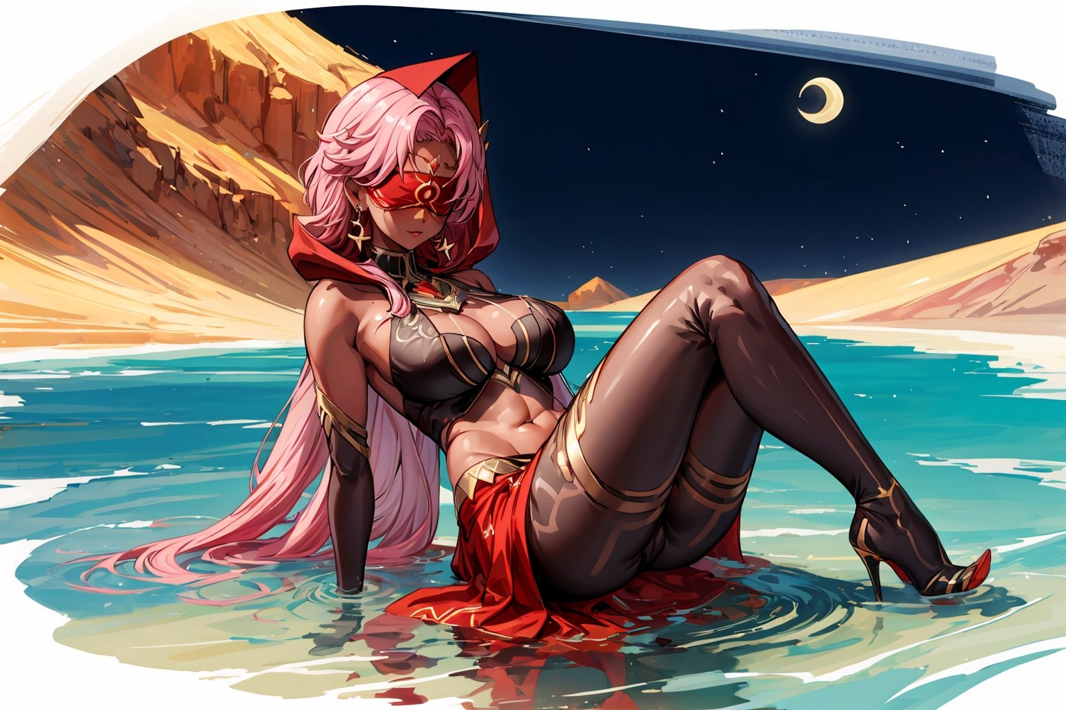 Babel, 1girl, solo, long hair, large breasts, bare shoulders, pink hair,  blindfold,desert sands,1 woman solo, busty figure, desert background, dark-skinned_female, earrings hair_between_eyes jewelry blindfolded, night time, hood, high quality, best quality, 1girl, masterpiece, dark skin, full body, lying, near water , legs_open,pantyhose, high heels boots