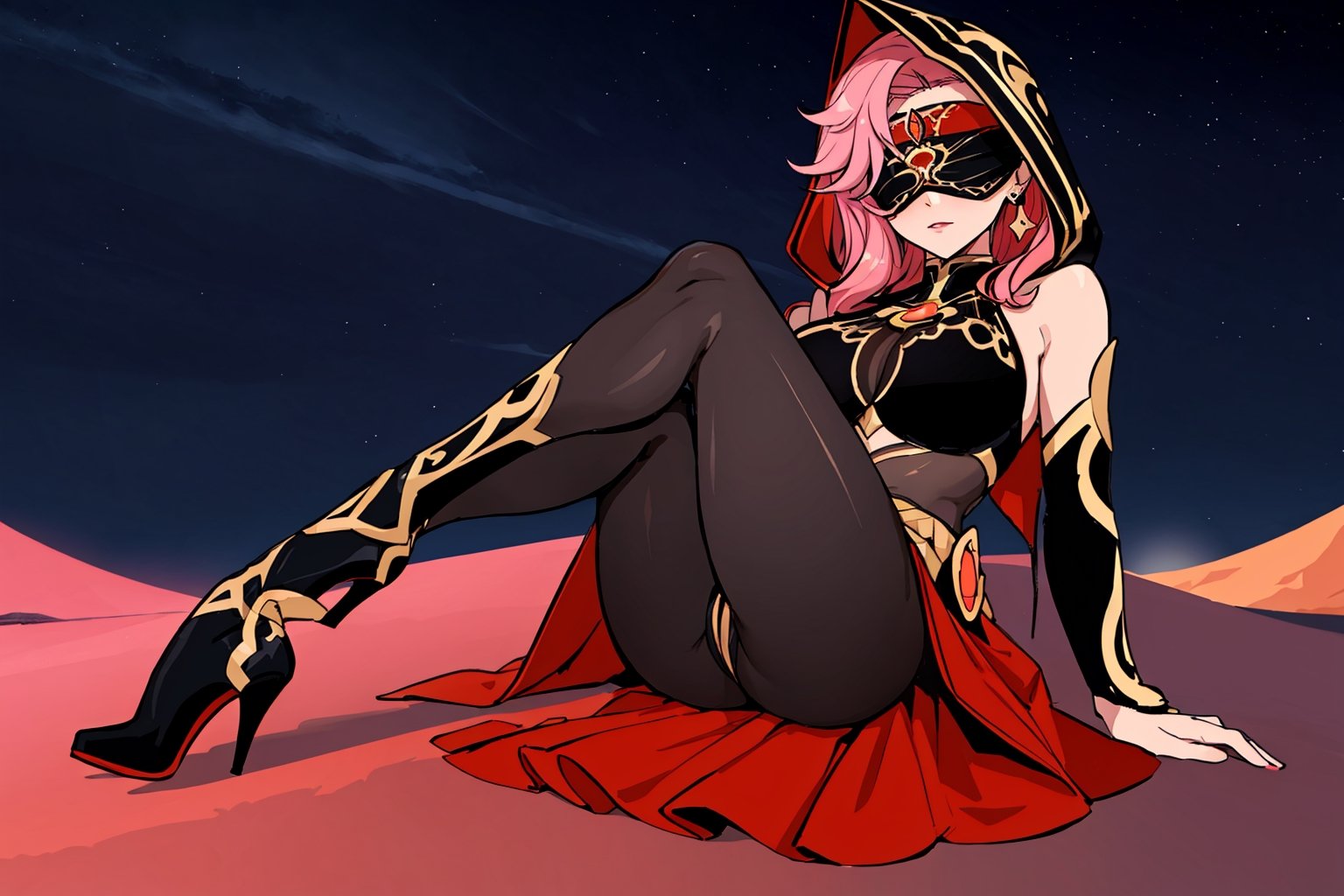 Babel, 1girl, solo, long hair, large breasts, bare shoulders, pink hair,  blindfold,desert sands,1 woman solo, busty figure, desert background, dark-skinned_female, earrings hair_between_eyes jewelry blindfolded, night time, hood, high quality, best quality, 1girl, masterpiece, dark skin, full body, lying ,  legs_open,pantyhose, high heels boots,GEM, detailed face, ass, masterpiece, best quality, 1girl, flowers, flat color, lineart, abstract, ornate, blue theme, face focus