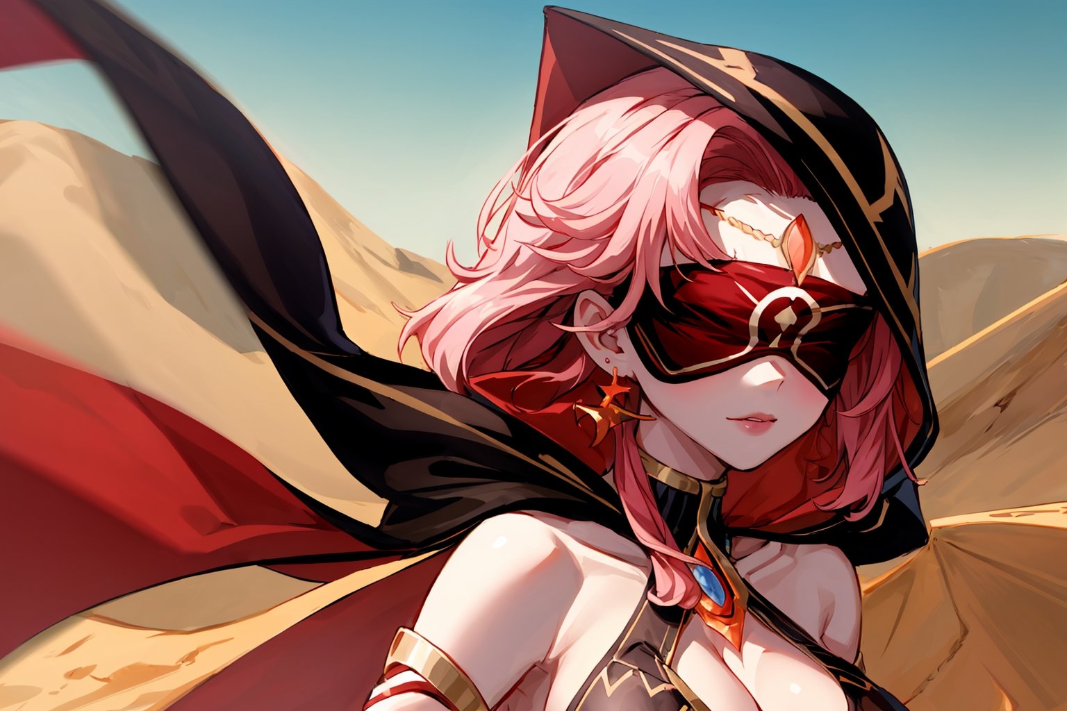 high quality , masterpiece, Babel, 1girl, solo, long hair, large breasts, bare shoulders, pink hair, blindfold,desert sands,1 woman solo, busty figure, desert background, earrings hair_between_eyes jewelry blindfolded, night time, hood, high quality, best quality, 1girl, masterpiece, high heels boots,GEM, detailed face,red theme,  face focus, hood , hoodie, cleavage cutout,cleavage cutout, nsfw