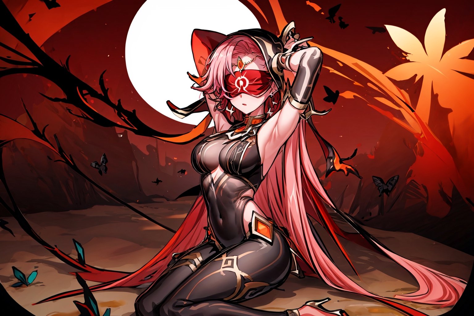 full_body ,high quality , masterpiece, flat color, orange ornate, lineart, Babel, 1girl, solo, long hair, large breasts, bare shoulders, pink hair, blindfold,desert sands,1 woman solo, busty figure, desert background, earrings hair_between_eyes jewelry blindfolded, night time, hood, high quality, best quality, 1girl, masterpiece,  ,pantyhose, high heels boots,GEM, detailed face,red theme, sitting