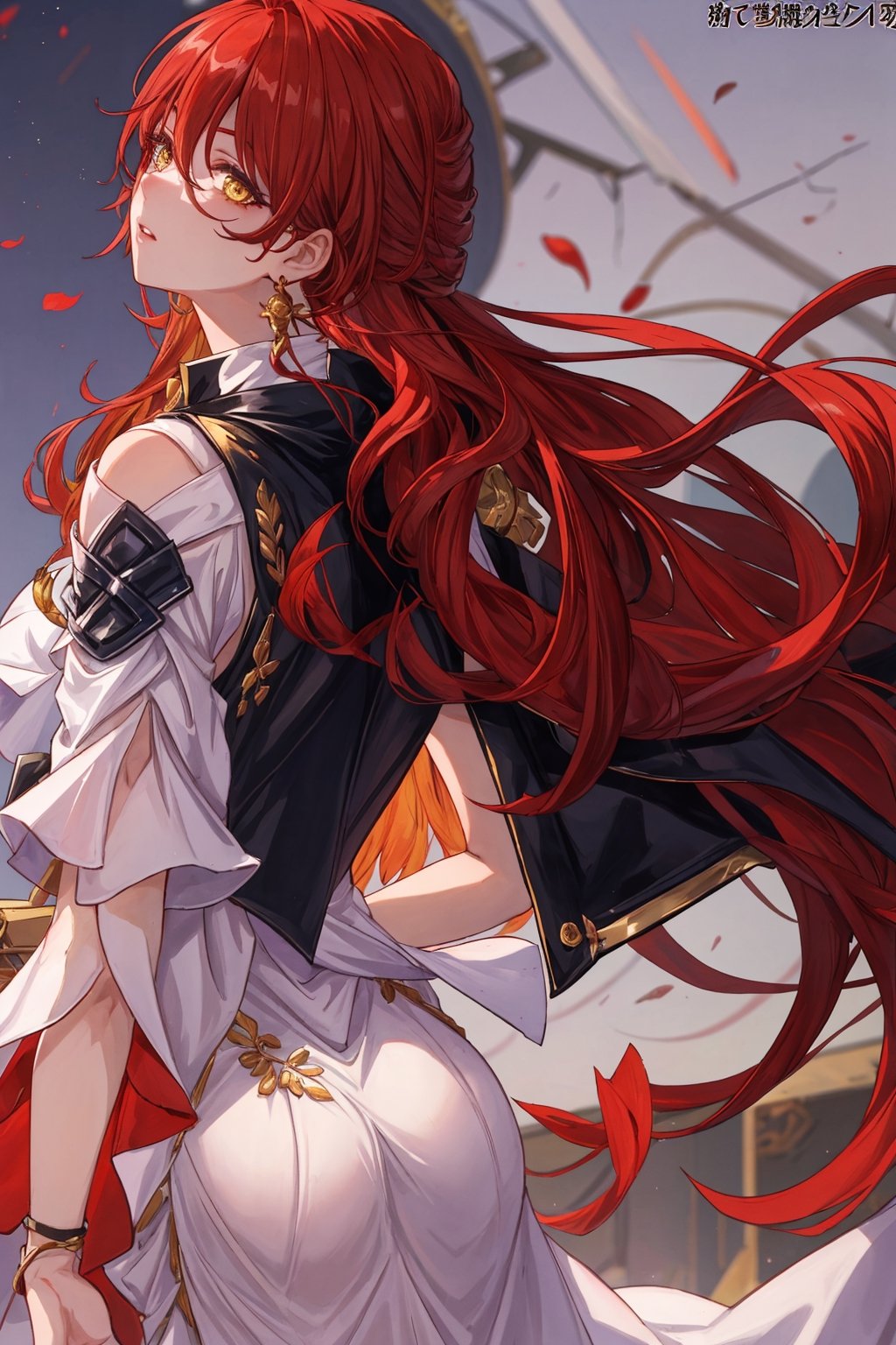 (Masterpiece, top quality, best quality, official art, beautiful and aesthetic:1.2), 1girl, official, head, yellow eyes, red hair, long hair, white dress, golden rose on neck, single earring, from_behind,ass